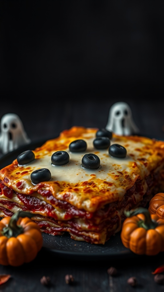 Spooky Halloween lasagna with black olive decorations, served in a dark setting with Halloween decor.